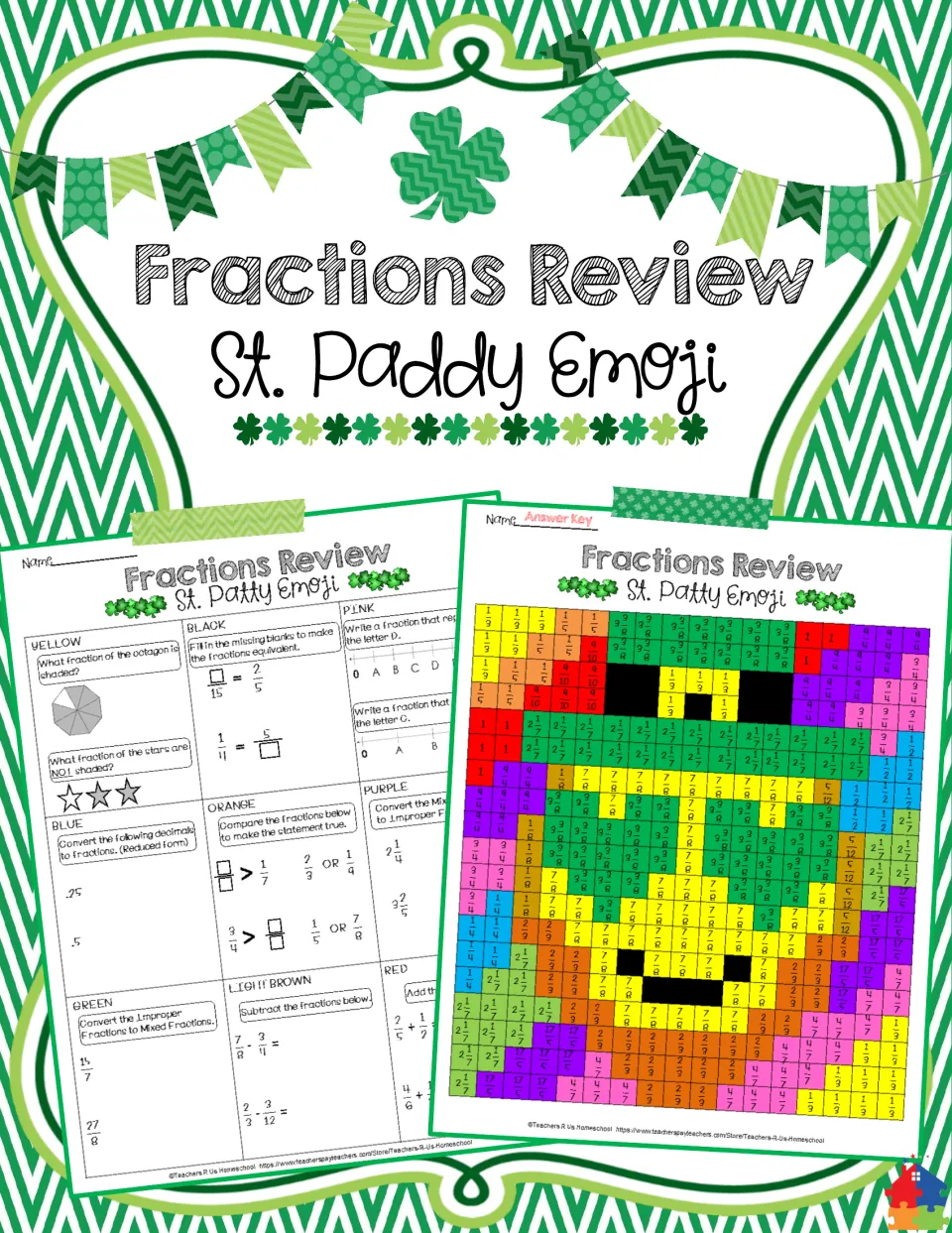 Fractions Review St. Paddy Emoji cover showing the 9-part fraction question sheet and a colored emoji picture grid