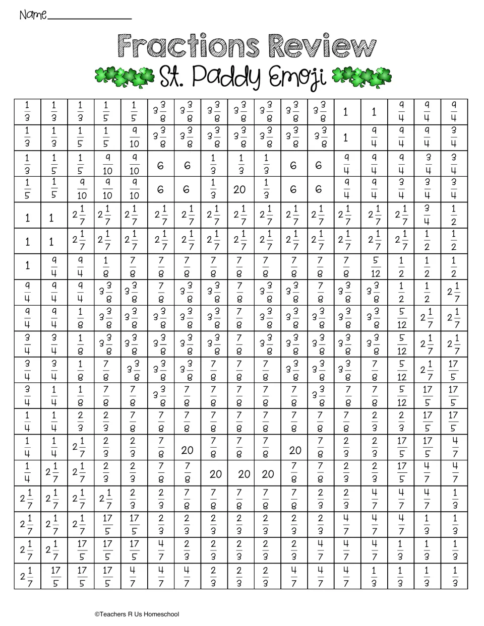 Fraction color-by-answer grid with answers like 2 1/7, 3 3/8 and 17/5; students color matching cells to reveal an emoji