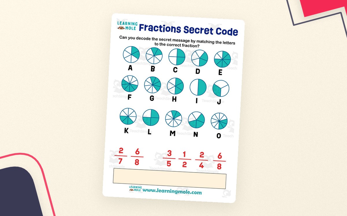 Fractions Secret Code Activity preview: Fifteen shaded circle models labelled A through O