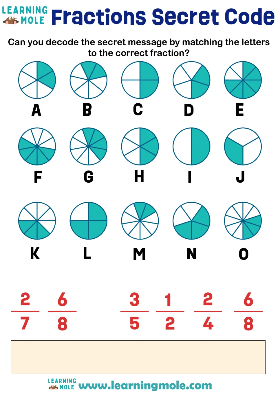 Identifying fractions of shaded circles: students match 15 lettered circles to 2/7, 3/5 and more to spell a hidden message