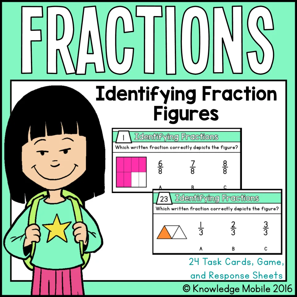 Identifying Fraction Figures cover: 24 task cards, a game and response sheets, with two sample fraction-matching cards