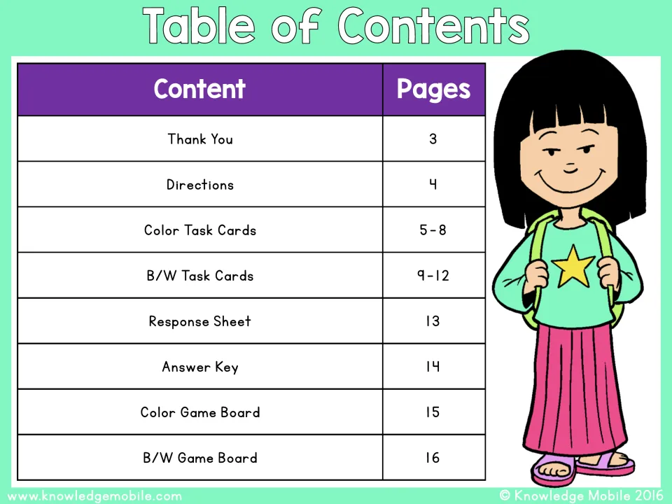 Table of contents listing directions, color and B/W task cards, response sheet, answer key and color and B/W game boards