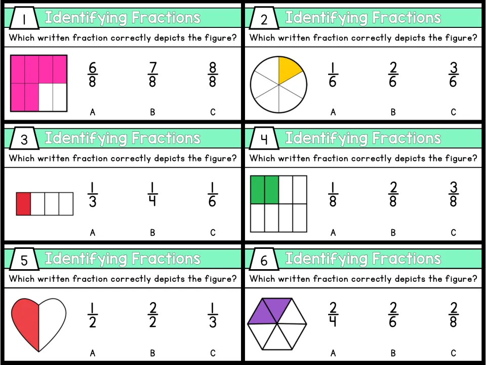 Color task cards 1-6: students pick the fraction matching a shaded rectangle, circle, strip, heart or hexagon