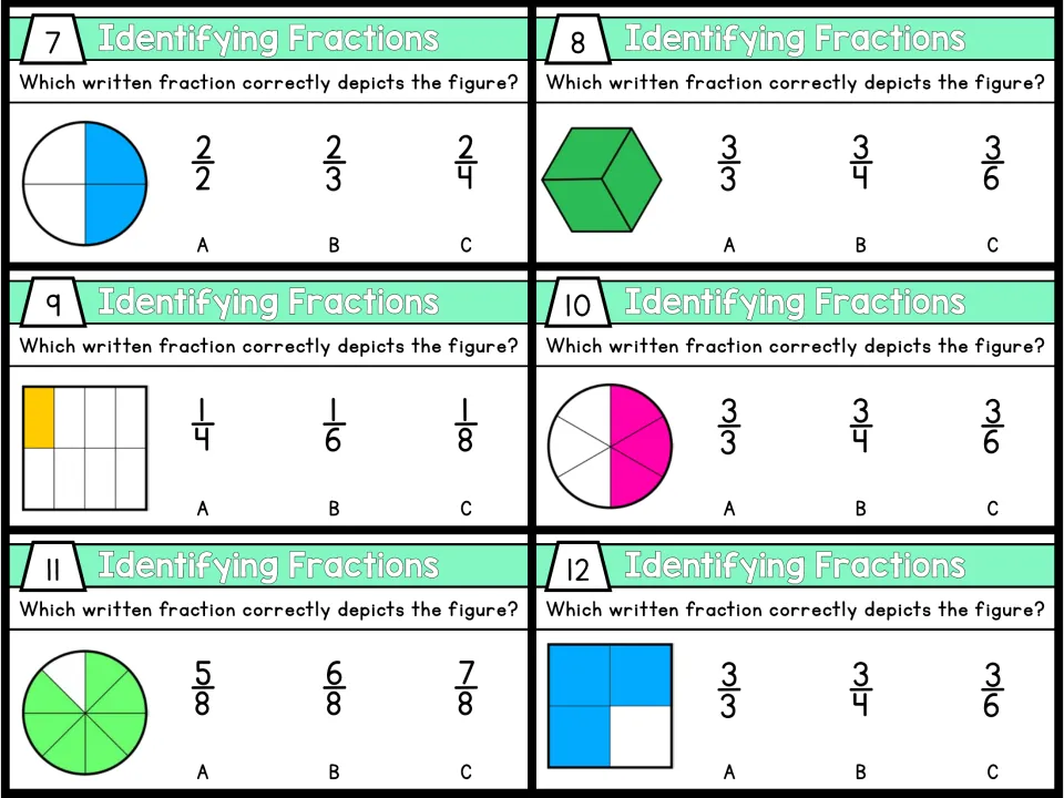 Color task cards 7-12: identifying fractions of shaded circles, squares and a hexagon in thirds to eighths