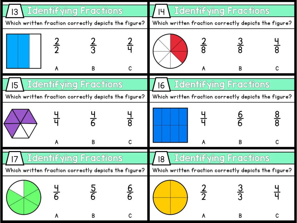 Color task cards 13-18: students choose the fraction for shaded figures, including wholes such as 8/8 and 4/4