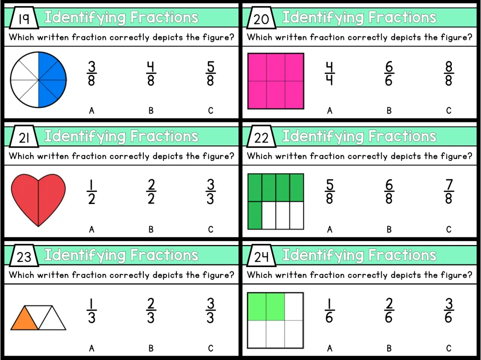 Color task cards 19-24: matching shaded circles, rectangles, a heart and triangles to fractions like 4/8, 2/2 and 1/3