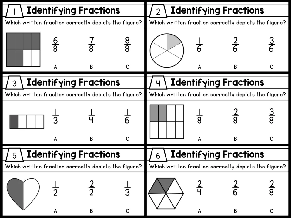 Black-and-white task cards 1-6: students select the written fraction matching each gray-shaded figure from three choices