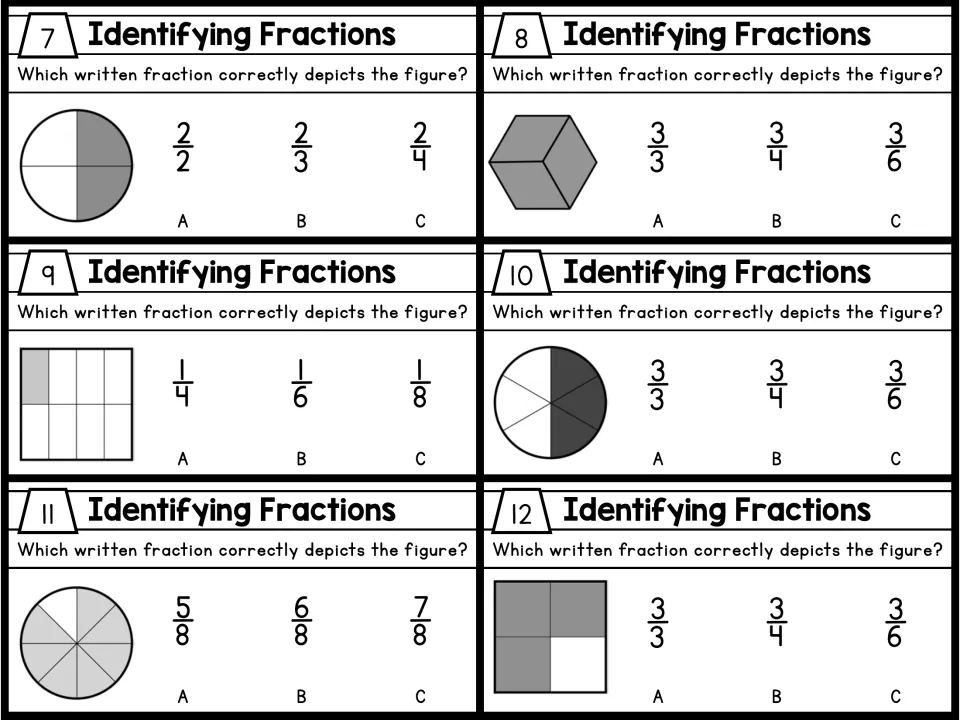 Black-and-white task cards 7-12: naming fractions of gray-shaded circles, squares and a hexagon in thirds to eighths