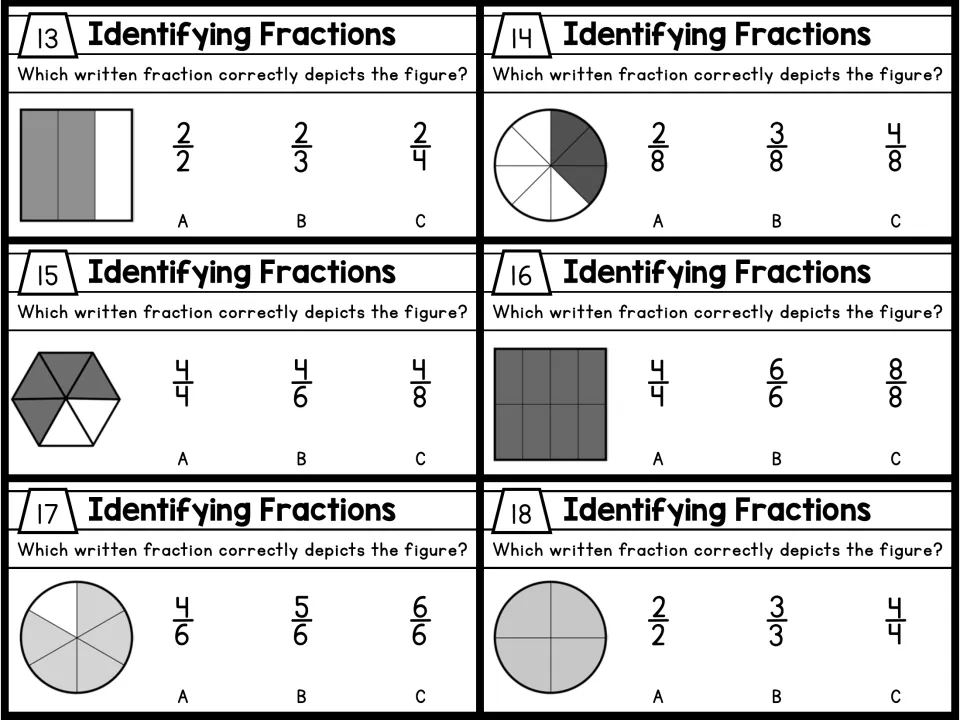 Black-and-white task cards 13-18: identifying fractions of gray-shaded figures, from 2/3 of a rectangle to whole circles