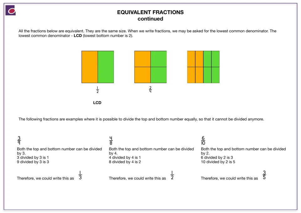Equivalent fractions continued: simplifying 3/9, 4/8 and 6/10 to 1/3, 1/2 and 3/5 by dividing top and bottom equally