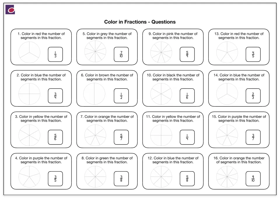 Color in fractions: students shade circle segments in the named color to show 16 fractions such as 1/3 and 7/10
