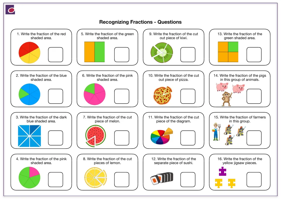 Recognizing fractions: students write the fraction shown by shaded shapes, cut fruit, pizza, sushi, animals and jigsaws