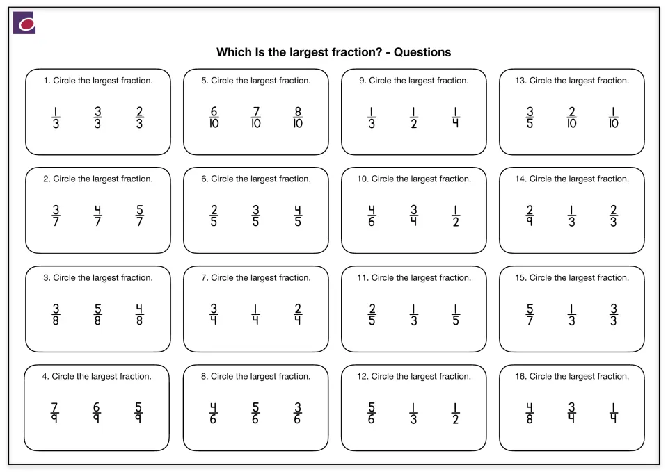 Which is the largest fraction: students circle the biggest of three fractions in each of 16 sets
