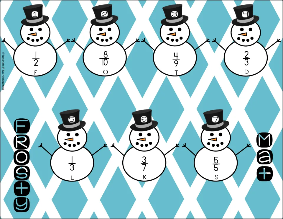 Frosty Math mat: seven numbered snowmen show 1/2, 8/10, 4/9, 2/3, 1/3, 3/7 and 5/5 for matching equivalent representations
