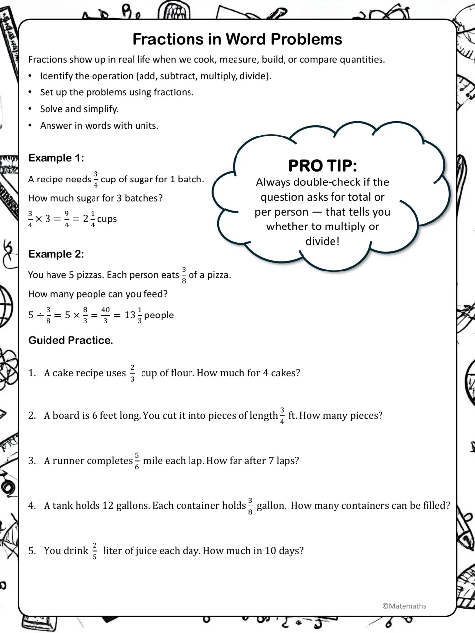 Fraction word problem notes: solving steps, worked sugar and pizza examples, then 5 guided multiply or divide problems