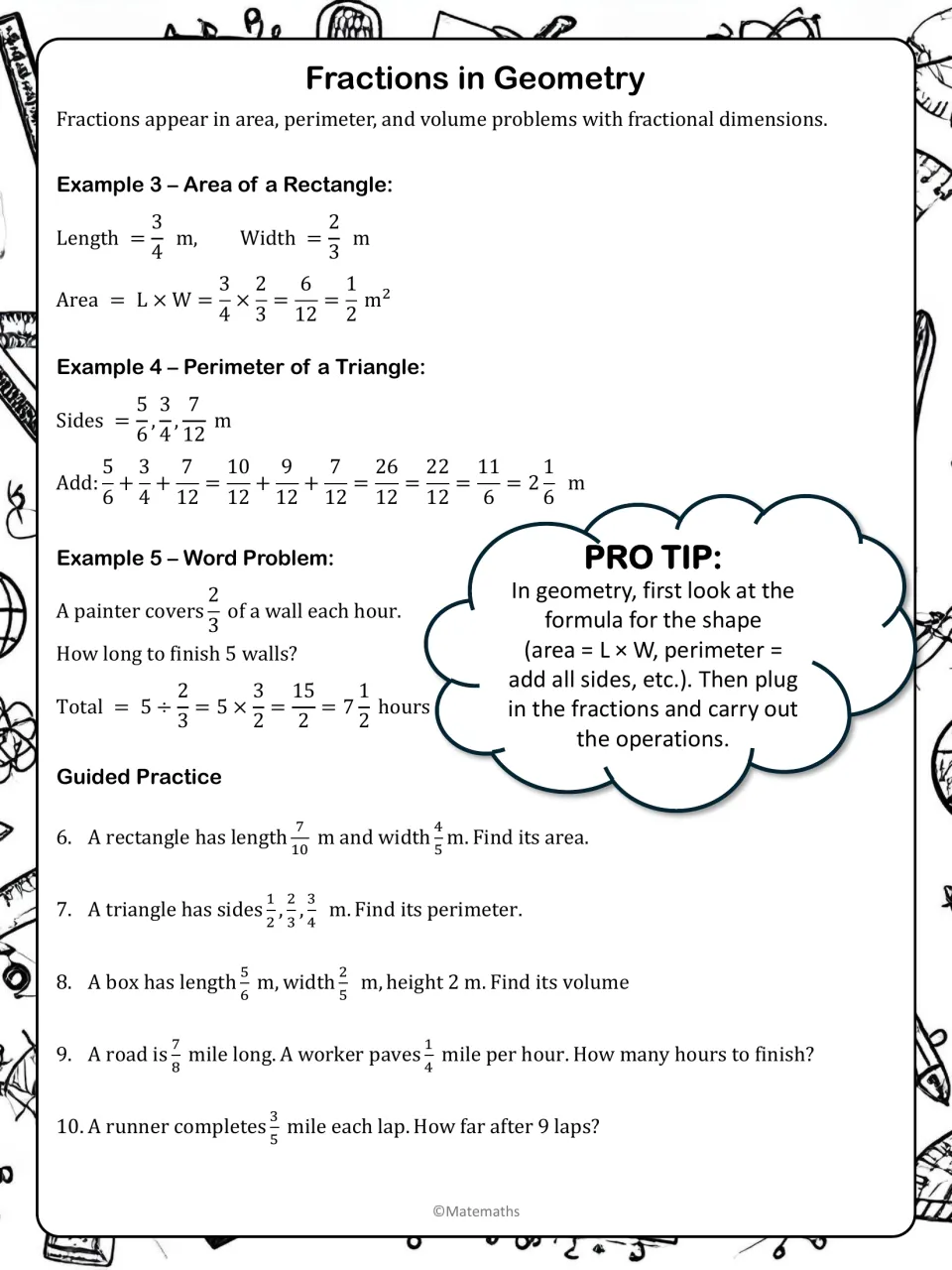 Fractions in geometry notes: worked area, perimeter and painter examples, then 5 guided shape and distance problems