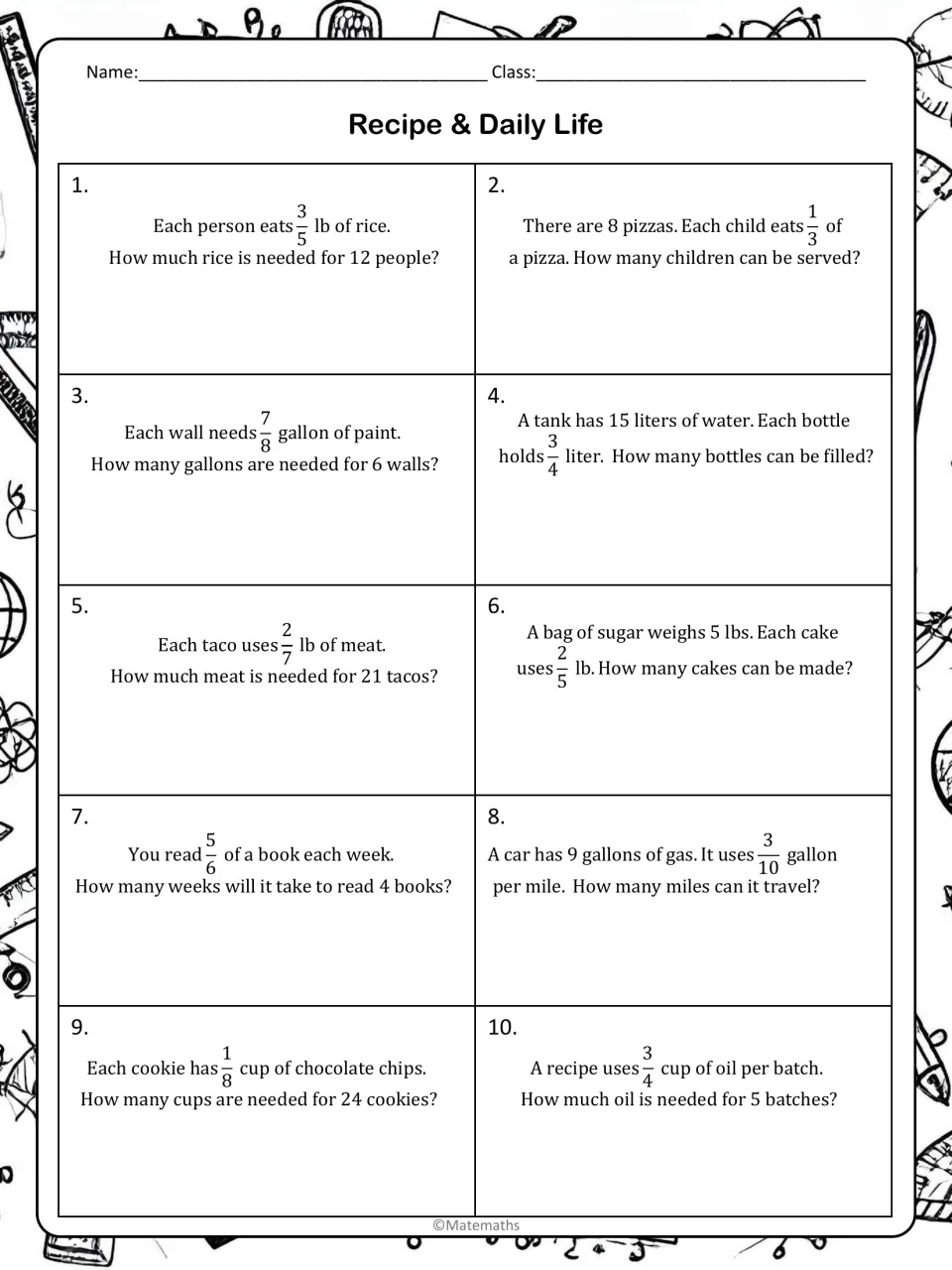 Recipe and daily life fraction problems: students multiply or divide to solve 10 rice, pizza, paint, taco and gas items