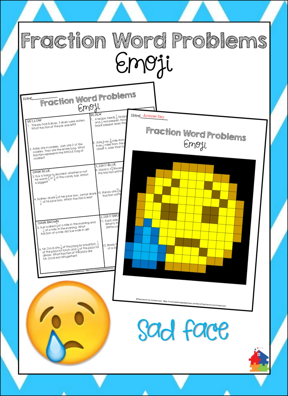 Fraction Word Problems Emoji cover: sad face set with a 12-problem sheet and a color-by-answer emoji grid key