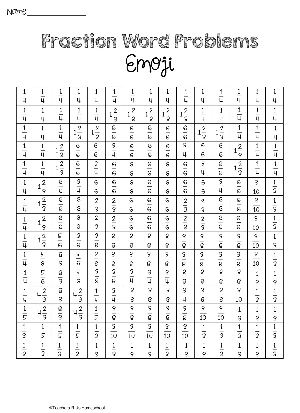 Color-by-answer mystery picture: students shade each fraction square in its word problem answer color to reveal an emoji
