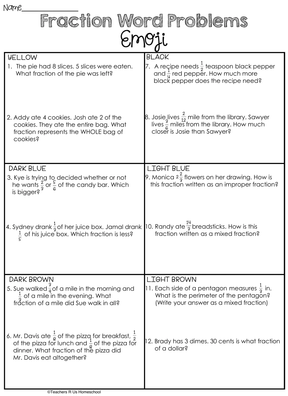 12 fraction word problems on pie, cookies, pepper and dimes: students compare, add, subtract and convert fractions