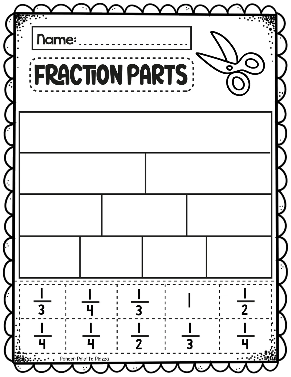 Fraction Parts: students cut out 1, 1/2, 1/3 and 1/4 labels and glue them on the matching rows of a fraction strip chart