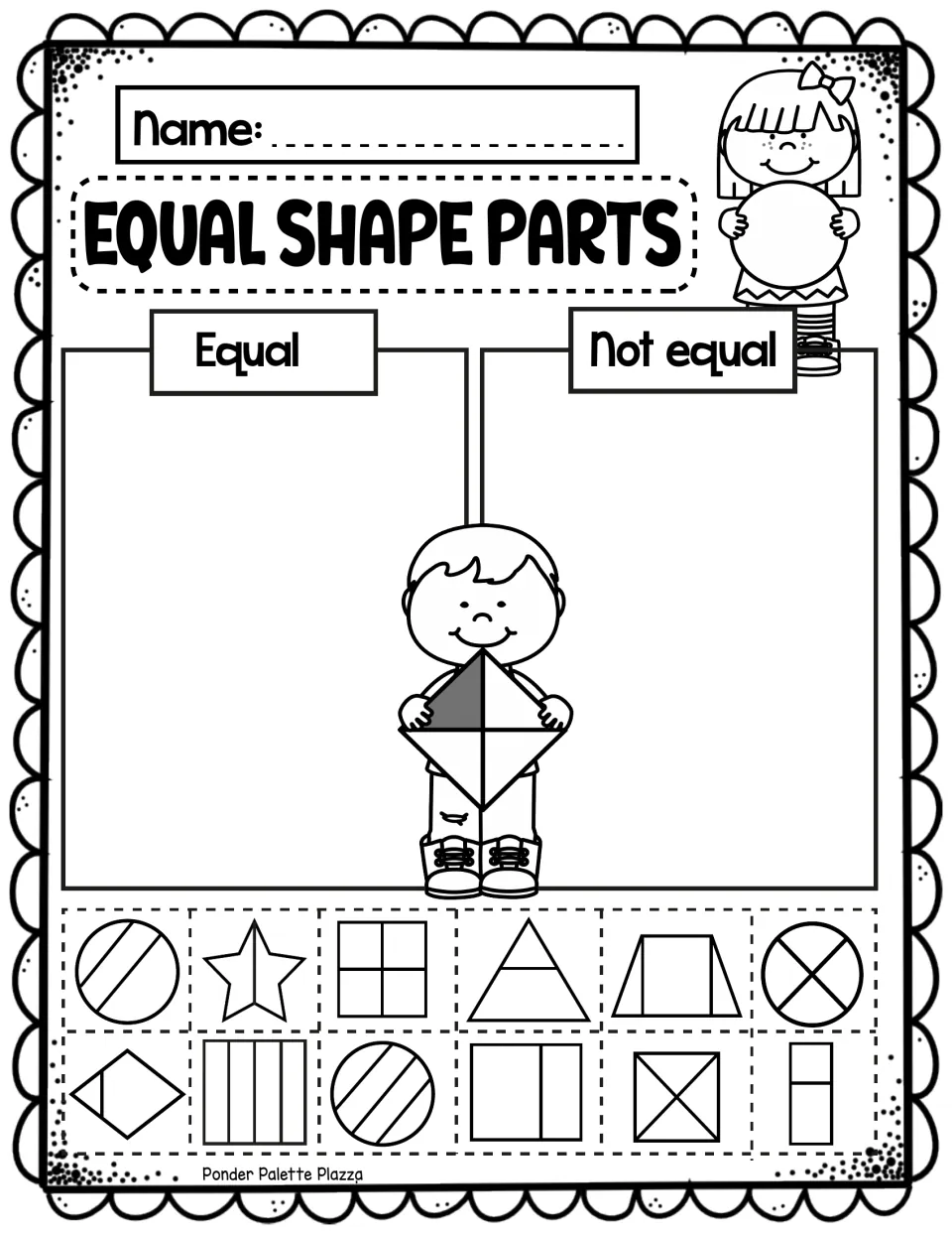 Equal Shape Parts sort: students cut out 12 partitioned shapes and glue each under Equal or Not equal