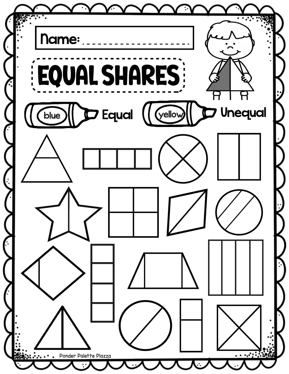 Equal Shares coloring: students color shapes cut into equal parts blue and shapes cut into unequal parts yellow