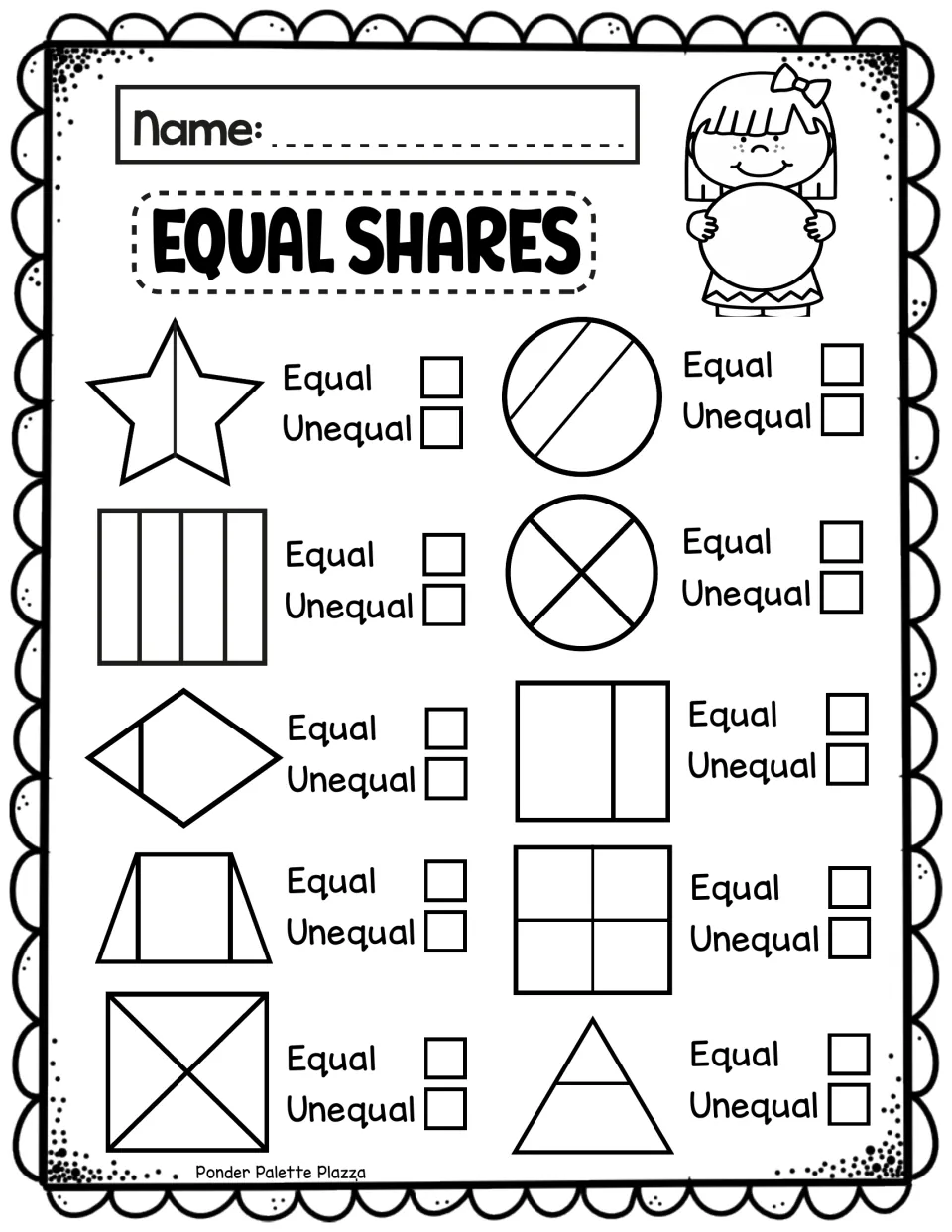 Equal Shares check: students tick Equal or Unequal beside 10 partitioned shapes such as a star, circle and trapezoid