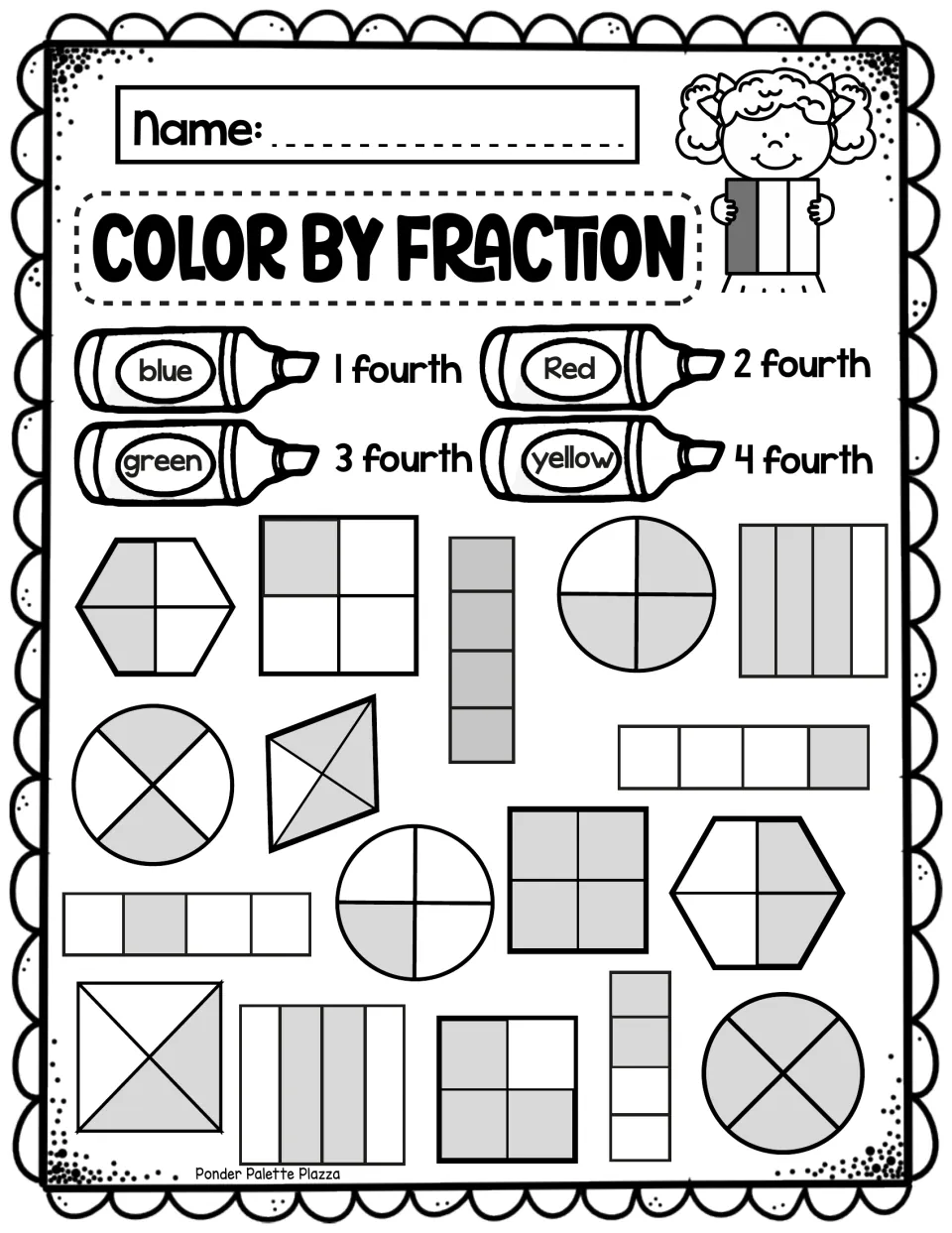 Color by Fraction: students identify 1, 2, 3 or 4 fourths shaded in each shape and color it blue, red, green or yellow