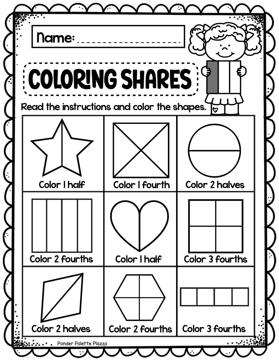 Coloring Shares: students read labels such as Color 1 half or Color 3 fourths and shade that many parts of nine shapes