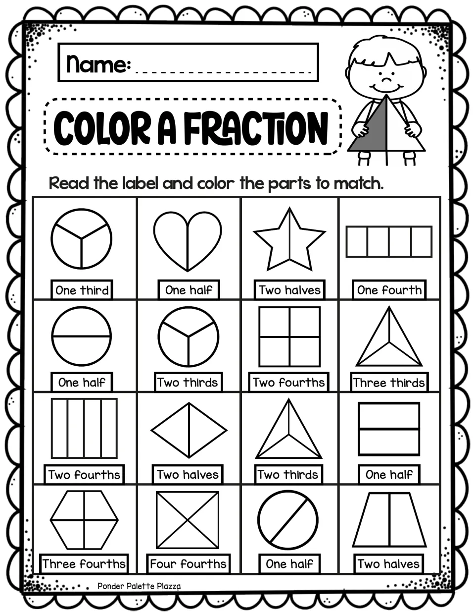 Color a Fraction: students shade 16 shapes to match word labels such as Two thirds, One half or Four fourths