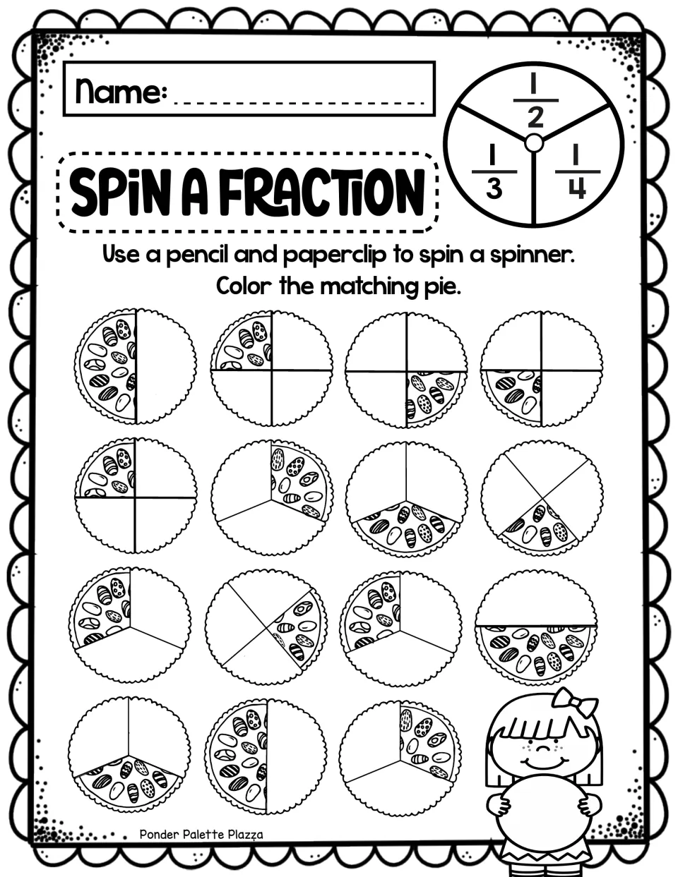Spin a Fraction game: students spin a paperclip spinner showing 1/2, 1/3 and 1/4 and color the matching pie