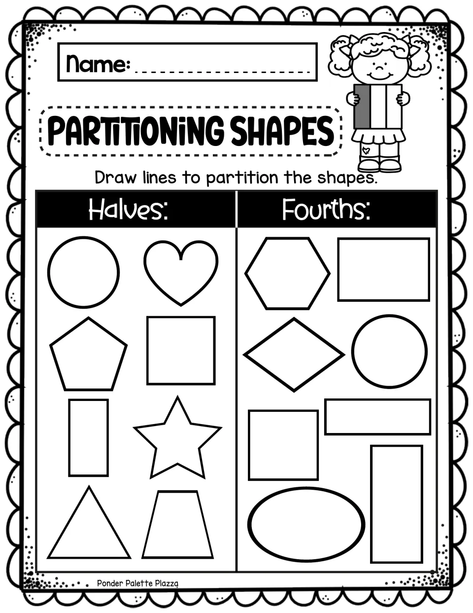 Partitioning Shapes: students draw lines to split eight shapes into halves and eight more into fourths