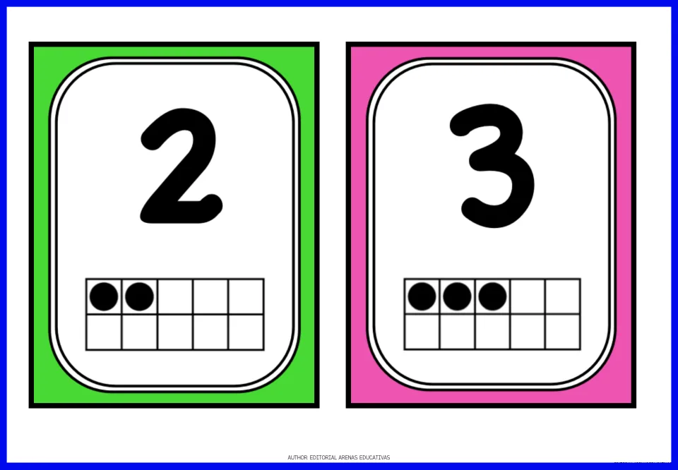 Number flashcards for 2 and 3, pairing each numeral with a ten-frame quantity: two dots for 2 and three for 3
