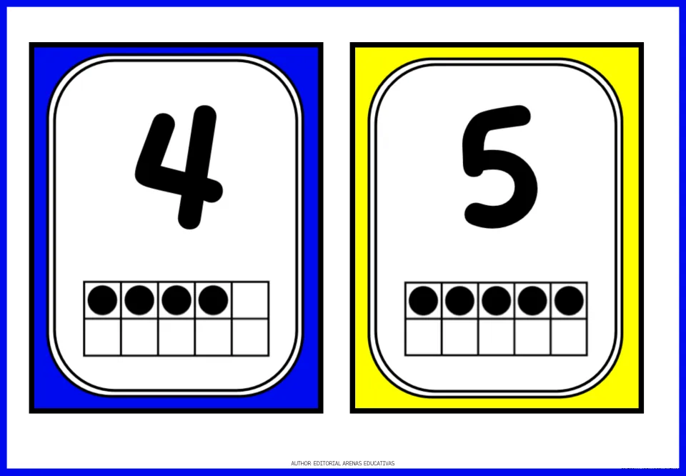 Number flashcards for 4 and 5, pairing each numeral with a ten-frame quantity: four dots for 4 and five for 5