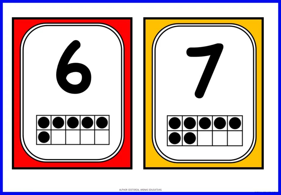 Number flashcards for 6 and 7, pairing each numeral with a ten-frame quantity: six dots for 6 and seven for 7