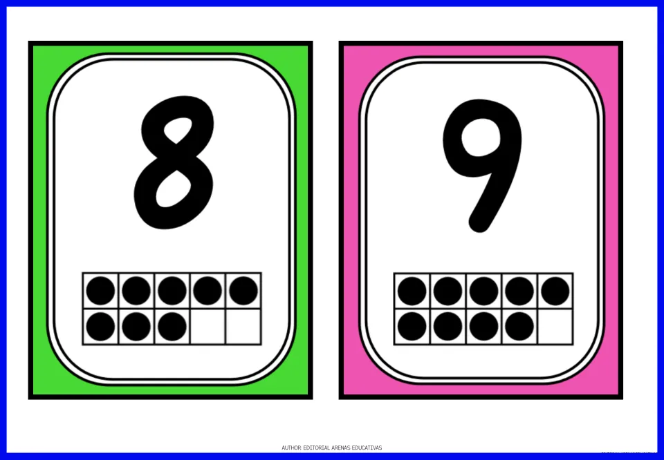 Number flashcards for 8 and 9, pairing each numeral with a ten-frame quantity: eight dots for 8 and nine for 9