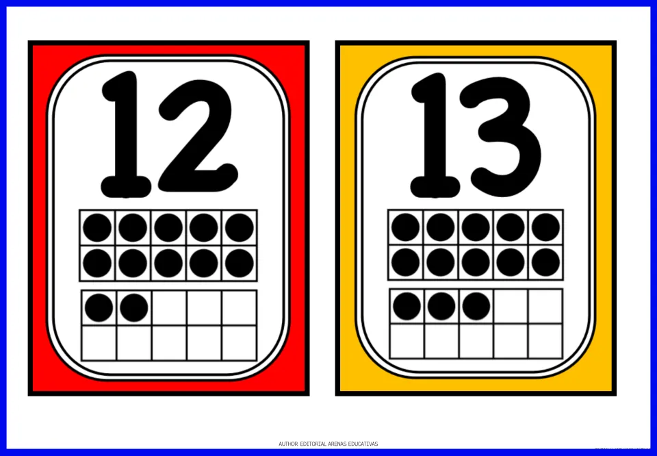 Number flashcards for 12 and 13, each showing a full ten-frame plus two or three dots in a second ten-frame