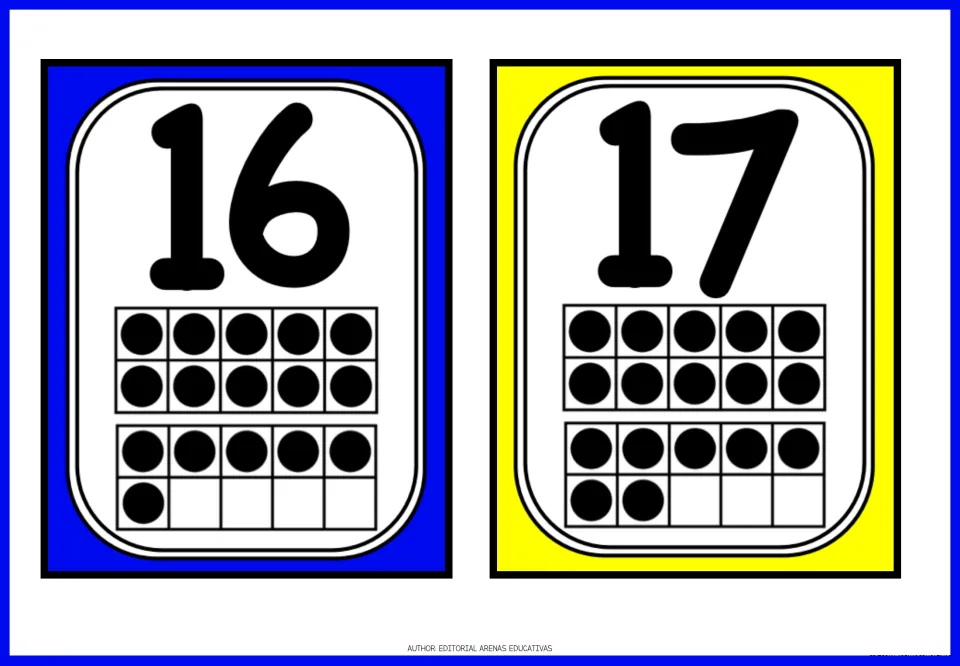 Number flashcards for 16 and 17, each showing a full ten-frame plus six or seven dots in a second ten-frame
