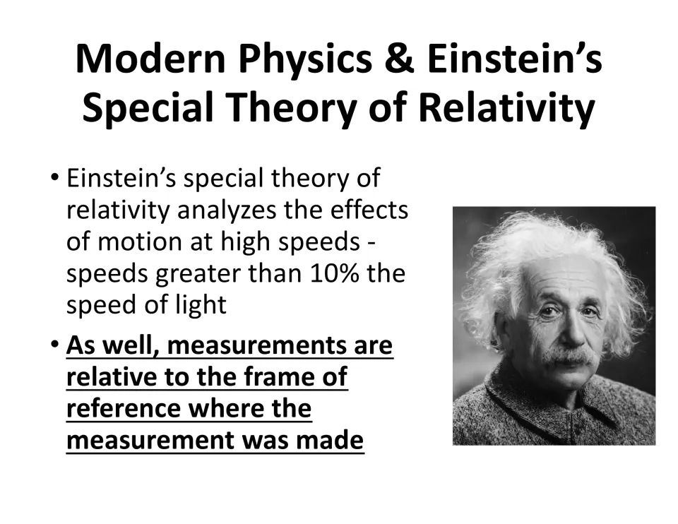 Special relativity lesson slide introduces high-speed motion and measurements relative to a reference frame