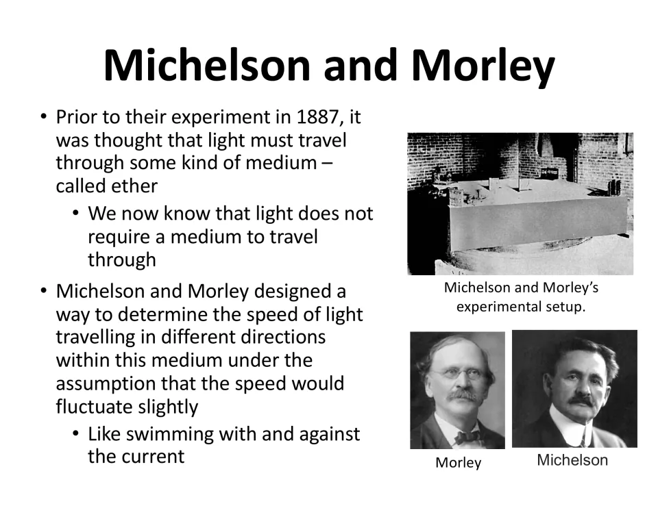 Michelson and Morley lesson slide introduces their 1887 experiment testing light speeds through proposed ether