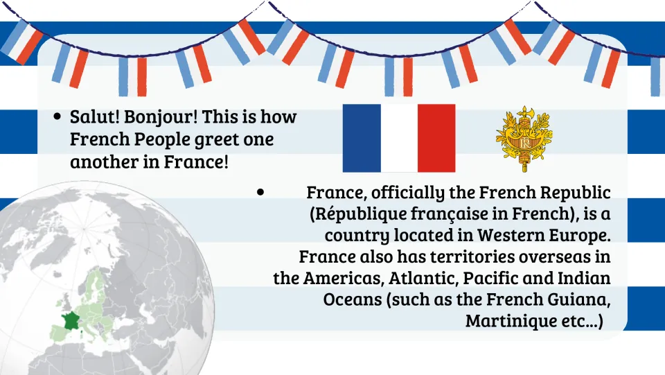 Introduction slide identifies France as the French Republic in Western Europe and notes overseas territories