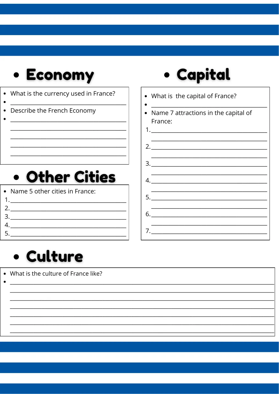 France economy, capital and culture: students name the currency, 7 attractions in the capital and 5 other cities