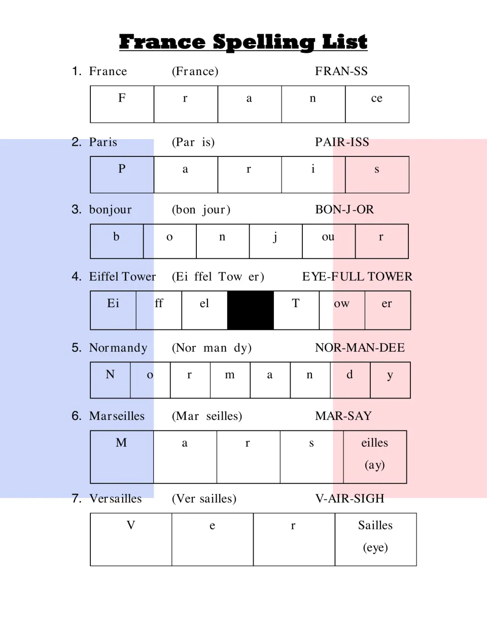 French spelling words 1-7 (France, Paris, bonjour, Versailles) broken into sound chunks with say-it pronunciations