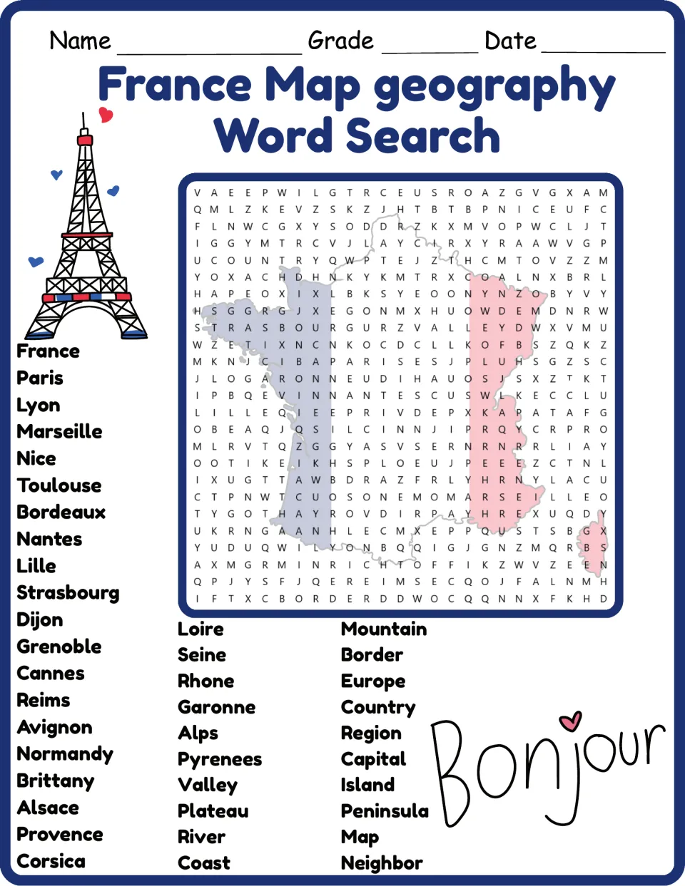 Color version of the France geography word search: 40 words including Paris, Normandy, Loire, and Alps.