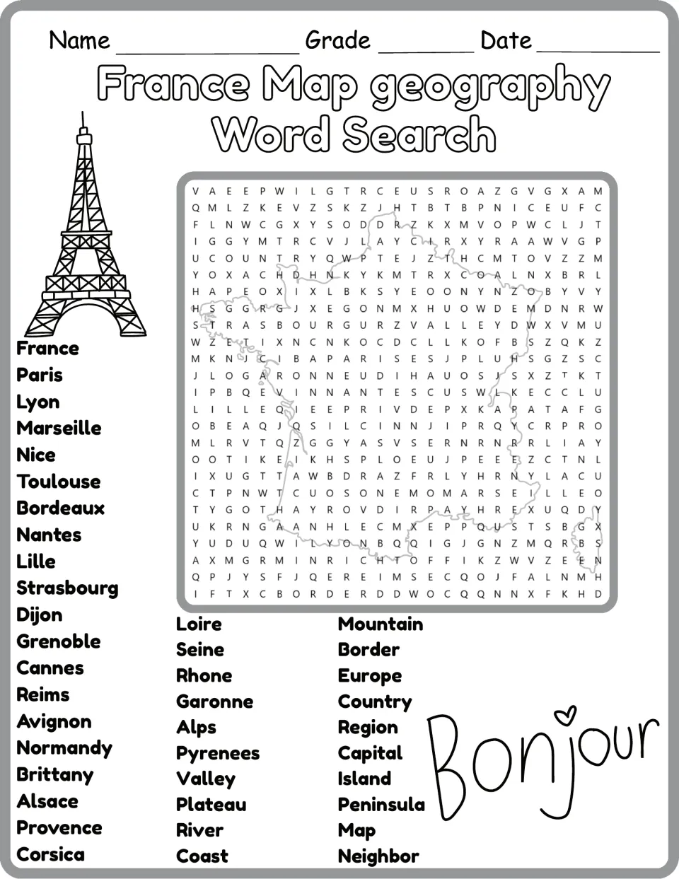 Black-and-white version of the France geography word search: 40 words including Lyon, Seine, and Corsica.
