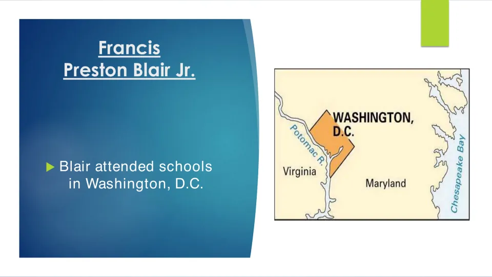 Early education slide states that Blair attended schools in Washington, D.C., alongside a map of the area