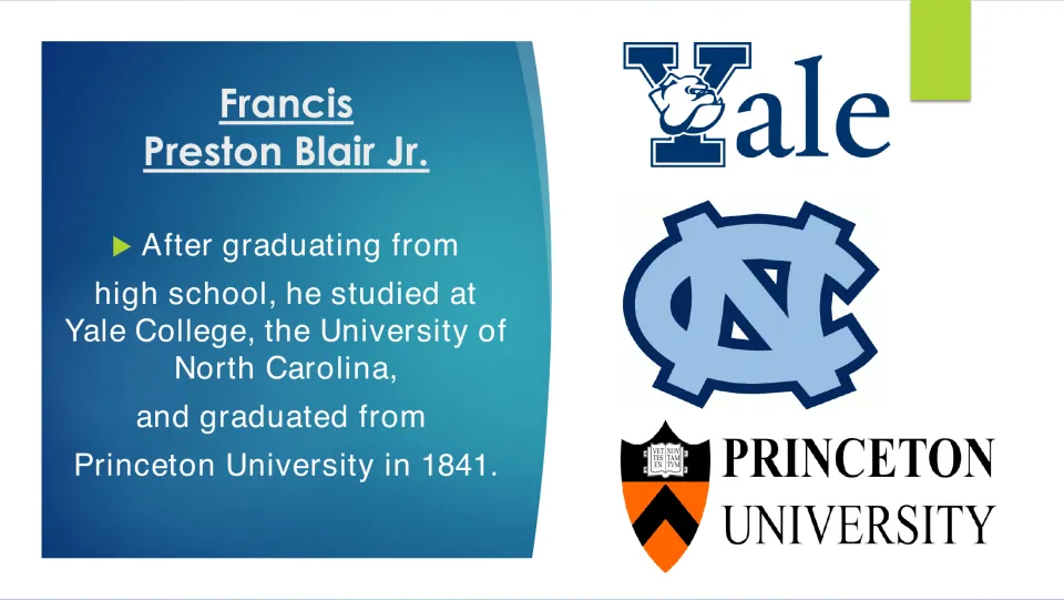 College education slide lists Yale, the University of North Carolina, and Blair's 1841 Princeton graduation