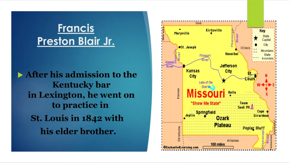 Early legal career slide covers Blair's Kentucky bar admission and practice with his brother in St. Louis in 1842