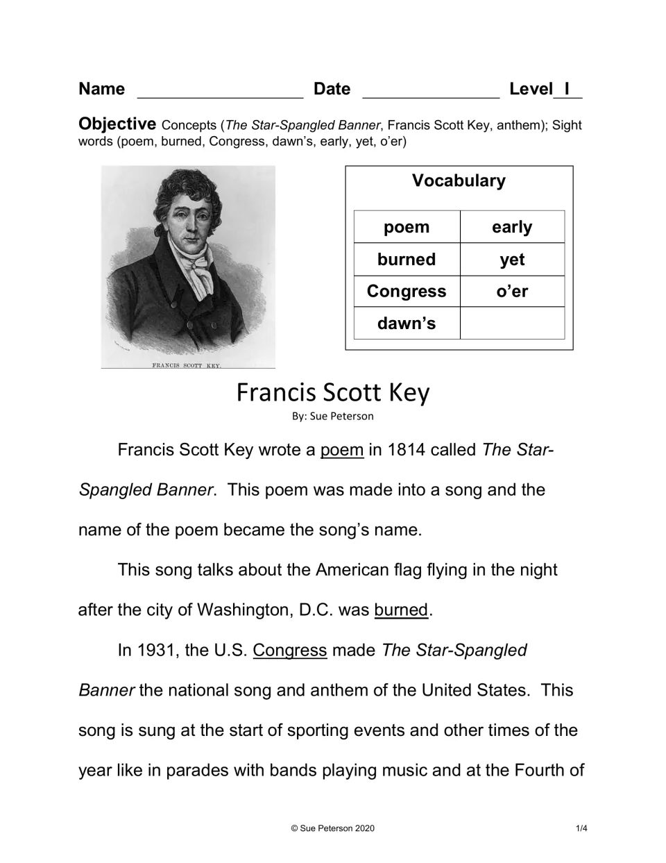 Biography passage on Francis Scott Key writing the 1814 poem that Congress made the U.S. anthem in 1931, with 7 sight words